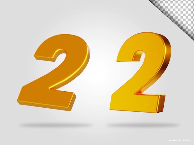 PSD number 2 golden style 3d render isolated