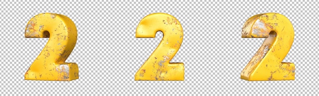 PSD number 2 (two) from a set of metallic yellow grunge numbers. isolated. 3d rendering