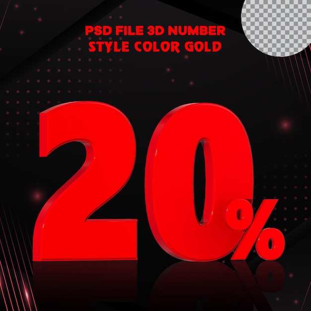 Number 20 percent 3d render collection with color red