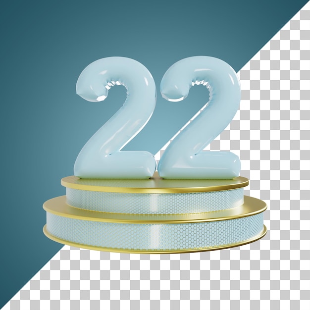 Number 22 Cyan Glossy Number with podium 3d illustration