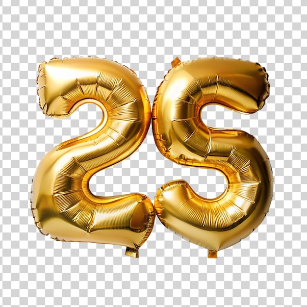 PSD number 25 gold foil balloon isolated on transparent background helium balloon font