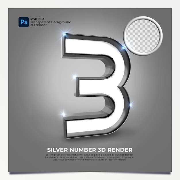 PSD number 3 3d render silver style with elements