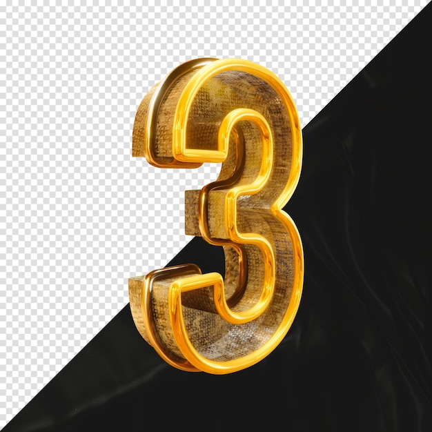 Number 3 3d render with realistic metallic texture side view