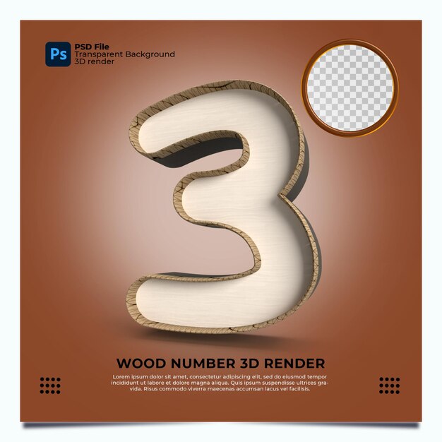 Numero 3 3d render in stile legno con elementi