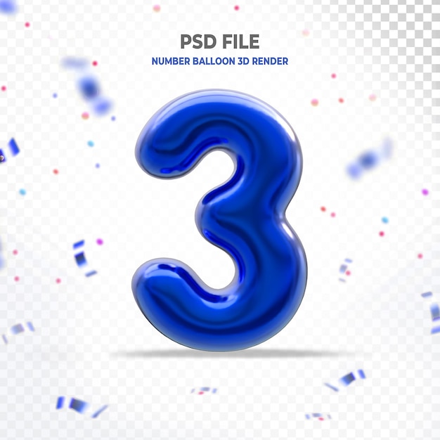 Number 3 Balloon Blue 3D Render