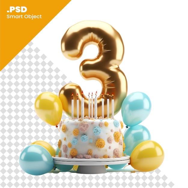 PSD number 3 birthday cake with candles and balloons;isolated on white background psd template