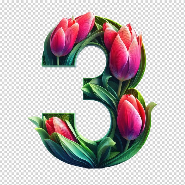 A number 3 is drawn on a paper with a pattern of tulips