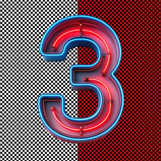 PSD number 3 letter neon light on transparent background