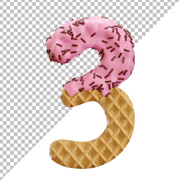 Number 3 made of ice cream waffle with chocolate sprinkles in 3d style