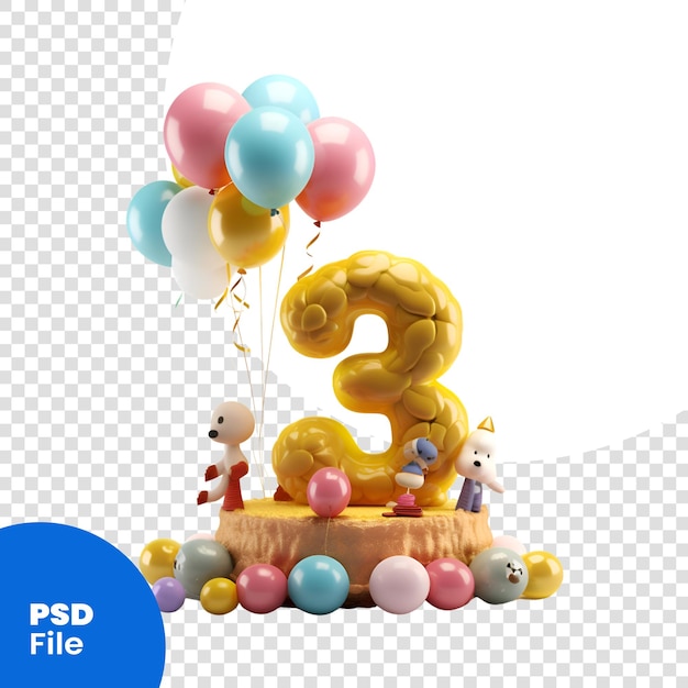 PSD numero 3 con torta di compleanno e palloncini rendering 3d isolato su sfondo bianco modello psd
