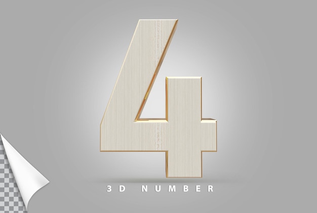 Numero 4 3d rendering dorato con stile legno