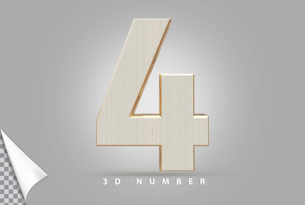 PSD numero 4 3d rendering dorato con stile legno