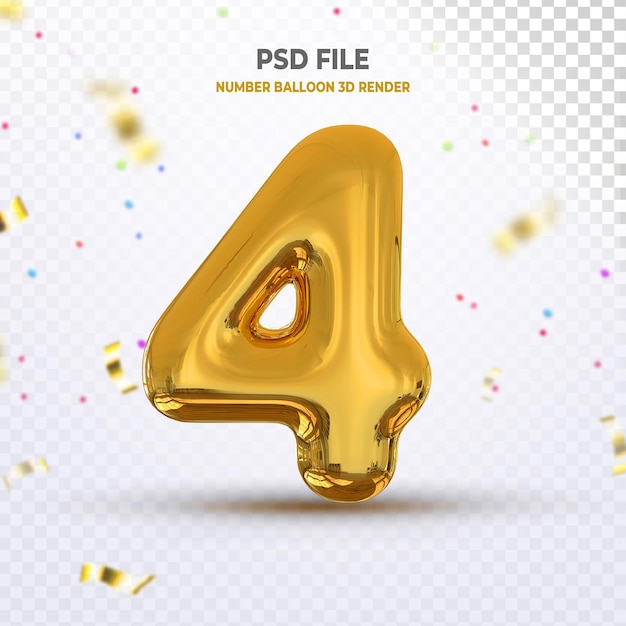 Number 4 balloon gold 3d render