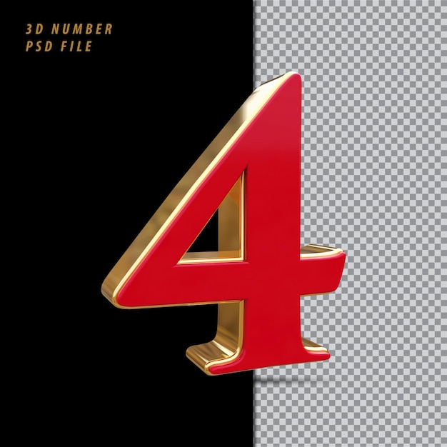 Number 4 red with golden style 3d rendering
