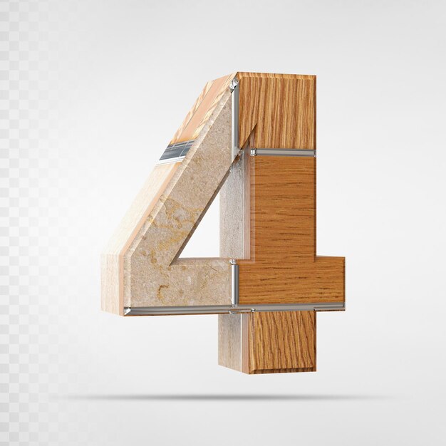 number 4 with style wood 3d rendering