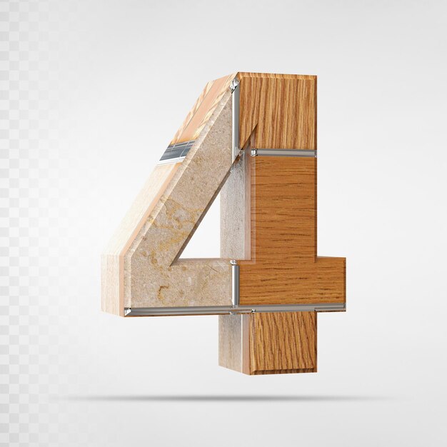 Numero 4 con rendering 3d in legno style