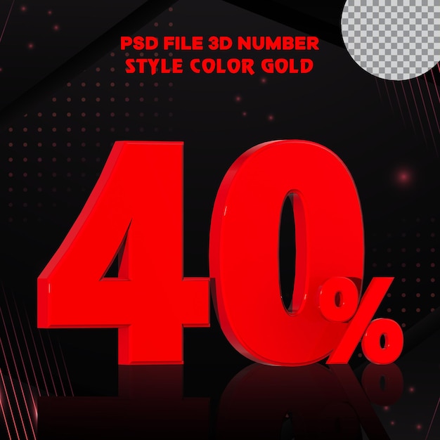 Number 40 percent 3d render collection with color red