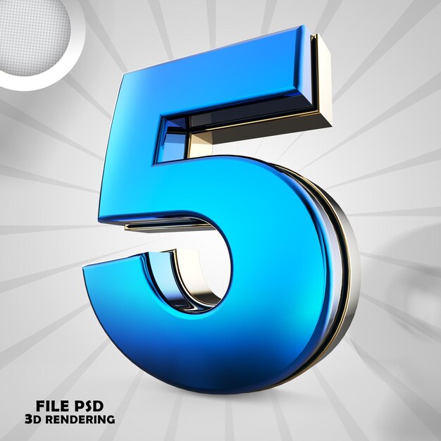 PSD number 5 3d blue rendering