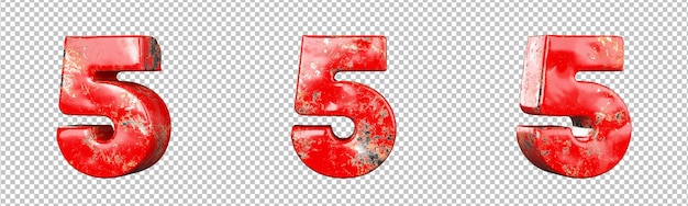 Number 5 (five) from red scratched metallic numbers collection set. isolated. 3d rendering