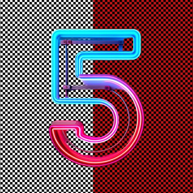 PSD number 5 letter neon light on transparent background