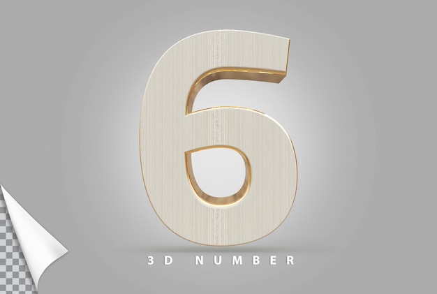 Number 6 3d rendering golden with wood style