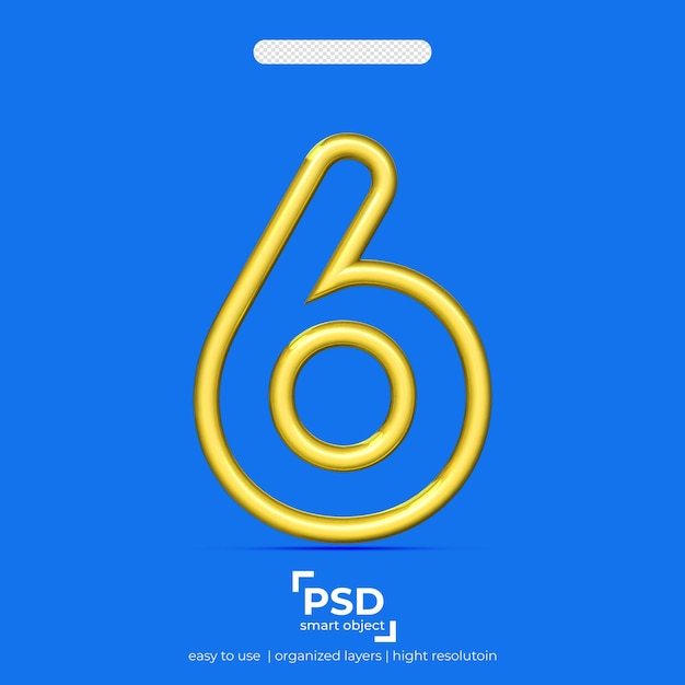 PSD number 6 3d with two line gold color