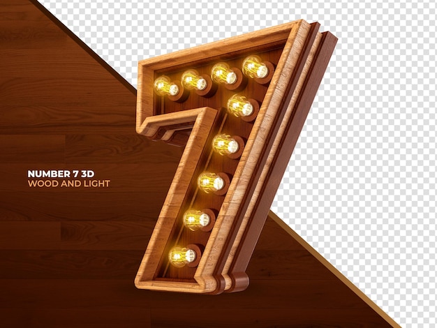 Numero 7 3d render legno con luci realistiche