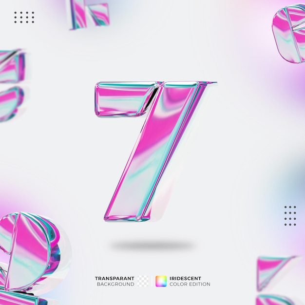 PSD number 7 alphabet 3d design in iridescent color style perfect for banner glossy icon posters