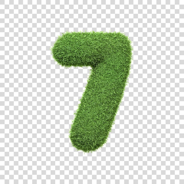 The number 7 shaped from dense green grass set against a pure white backdrop Number seven Front view