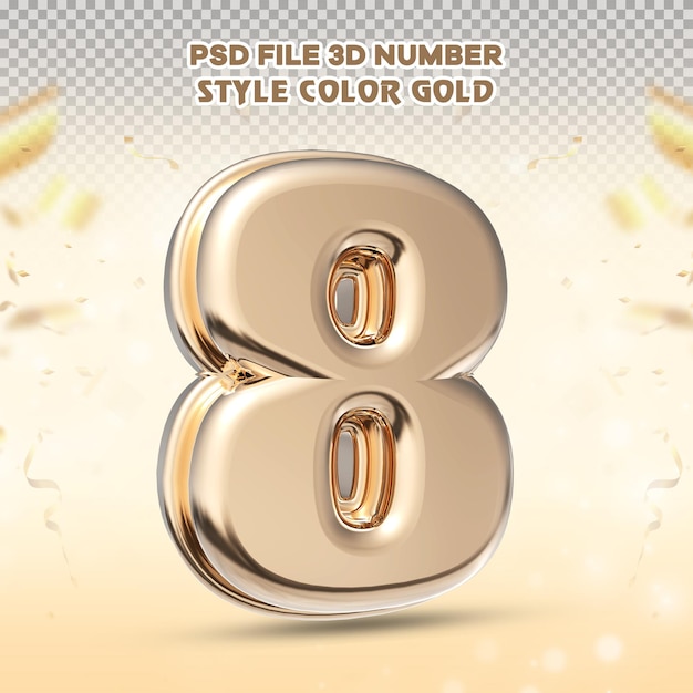 Number 8 3d render collection with color golden