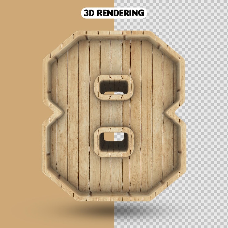 PSD number 8 3d render wood with realistic