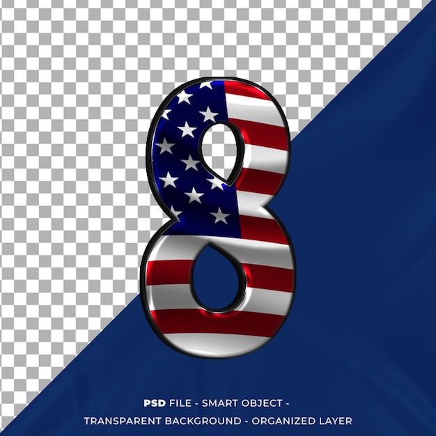 PSD numero 8 lettere 3d in stile bandiera americana