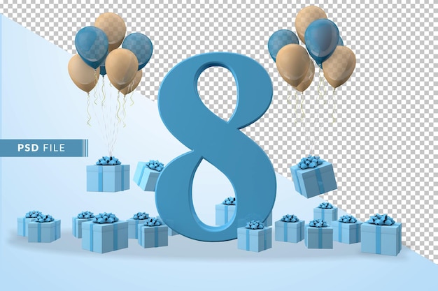 Numero 8 festa di compleanno blu confezione regalo palloncini gialli e blu