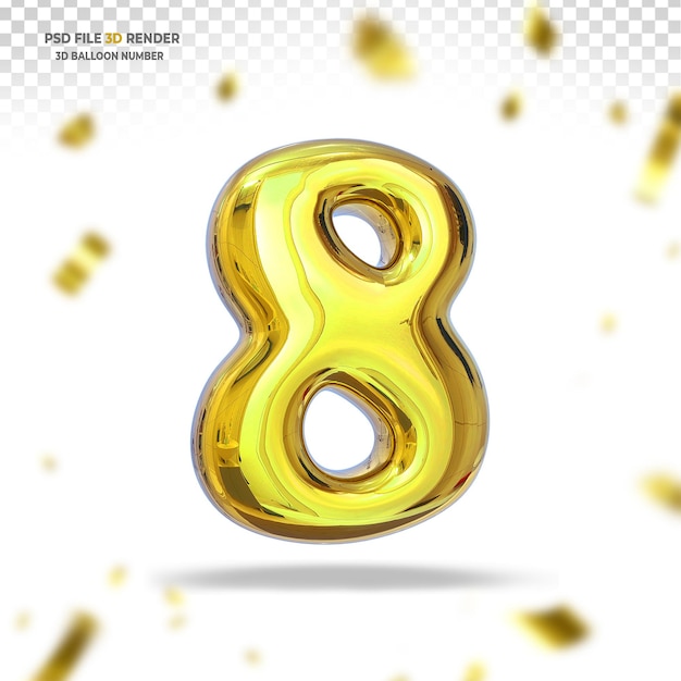 Number 8 gold balloon 3d render