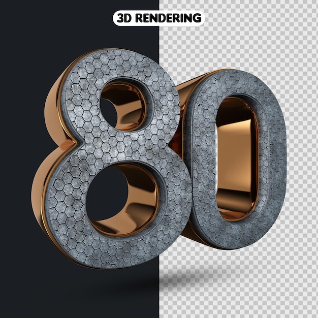 PSD number 80 with style gold 3d rendering