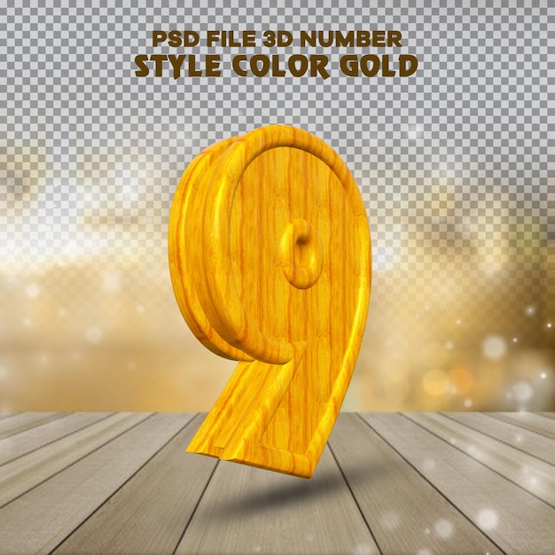 Number 9 3d render collection with color wood