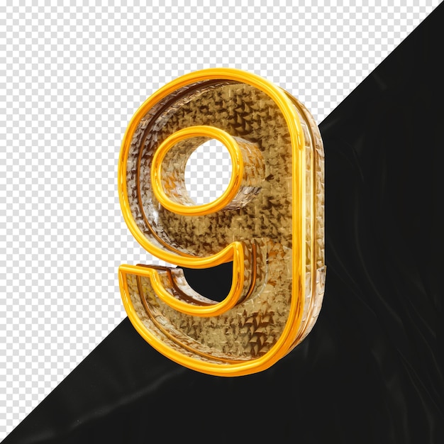 PSD number 9 3d render with realistic metallic texture side view