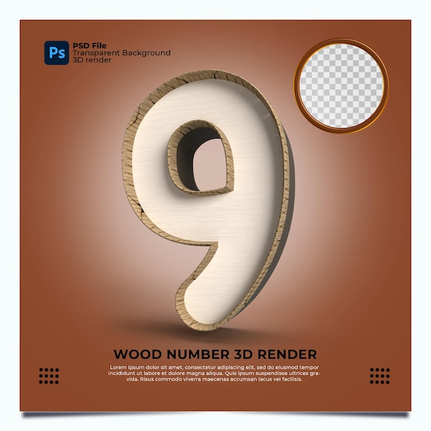 Numero 9 3d render stile legno con elementi