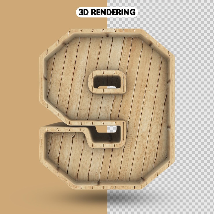 PSD number 9 3d render wood with realistic