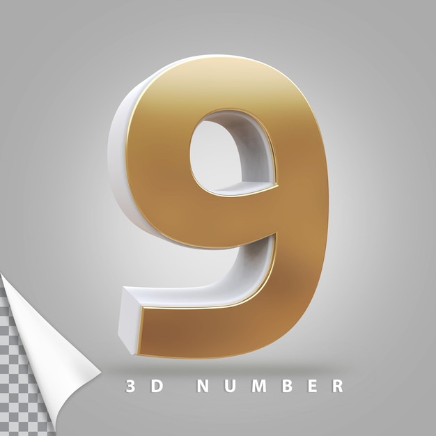 Numero 9 3d rendering dorato