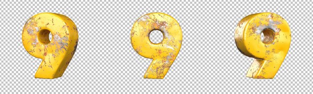 Number 9 (nine) from a set of metallic yellow grunge numbers. isolated. 3d rendering