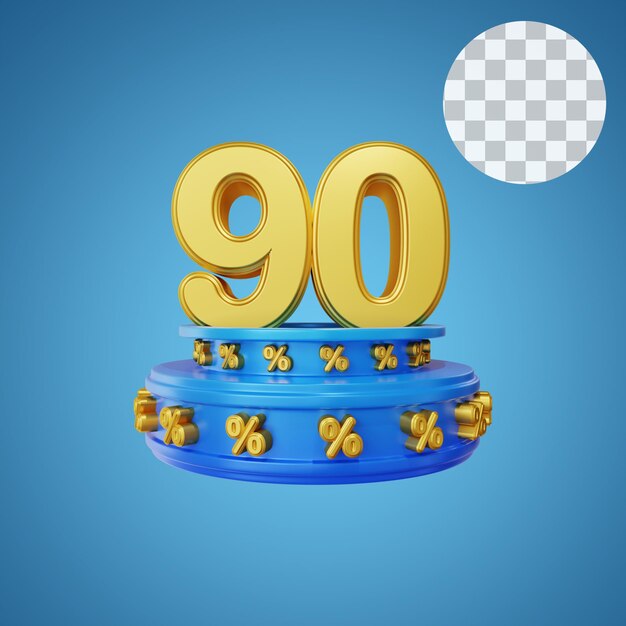 Number 90 percentage golden text 3d rendering