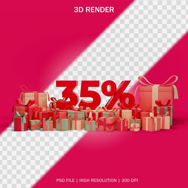 Concetto di sconto sul numero con regali intorno e sfondo trasparente nel design 3d