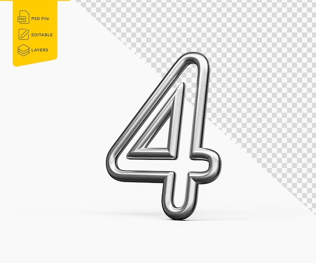 Number Four 4 Made Of Silver Metallic Gleam With Smooth Curves On White Background 3D Illustration