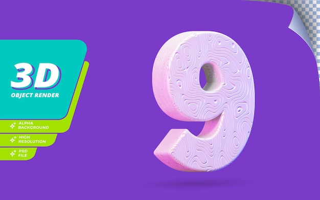 Number nine, number 9 in 3d render isolated with abstract topographic white wavy texture design illustration