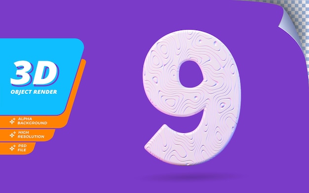 Number nine, Number 9 in 3d render isolated with abstract topographic white wavy texture design illustration