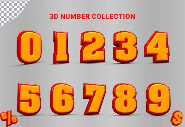 Number Set 0 to 9 3D collection with color gold style
