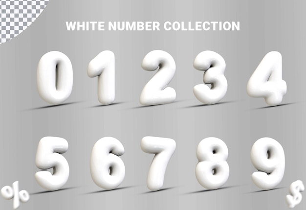 PSD Числовой набор от 0 до 9 3d-коллекция с белым стилем