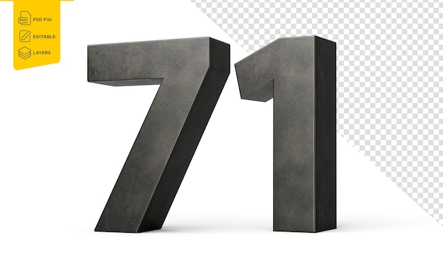 number seventy one 71 digit made of gray smooth cast iron on white background 3d illustration