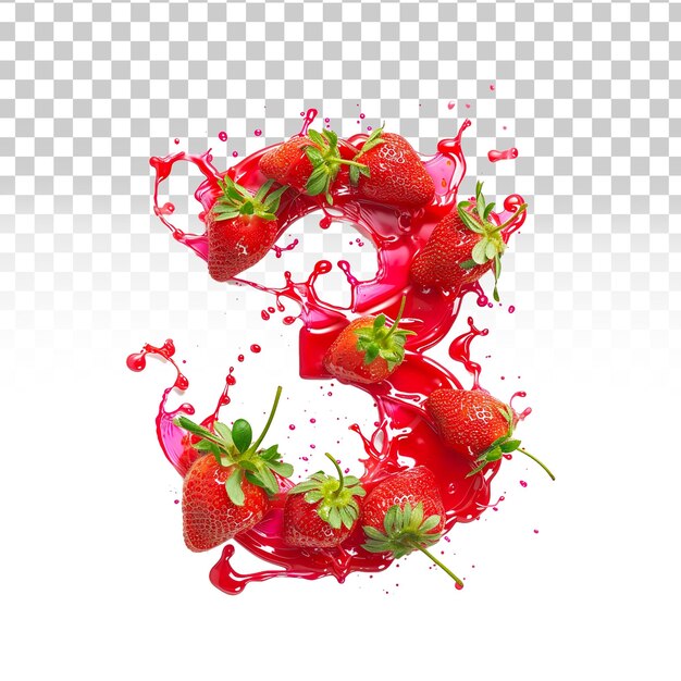 PSD number three with strawberry juice effect on transparent background